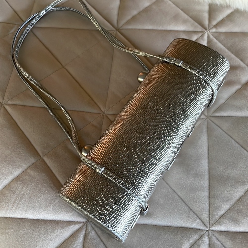 Sondra Roberts Small Silver Metallic Faux Snake Evening Bag w/2 Compartments